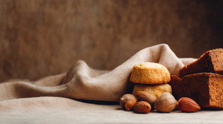 A charming arrangement of freshly baked cookies and slices of brown bread sits on a soft natural fabric, accompanied by an assortment of raw nuts, creating a cozy food still life.の素材
