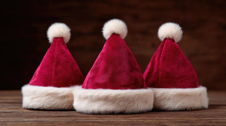 Three charming red velvet Santa hats with fluffy white fur trims create a festive atmosphere for holiday celebrations, adding joy and warmth to any gathering.の素材