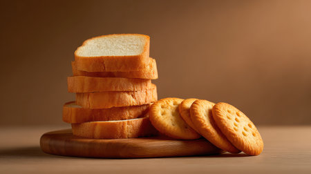 This delightful image showcases freshly sliced bread and golden biscuits arranged on a wooden board, perfect for culinary visuals and inviting food presentations.の素材