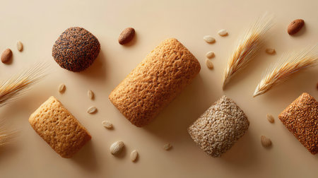 A captivating array of different bread types arranged elegantly on a smooth beige surface, accented by natural grains and nuts, evoking a cozy and inviting culinary scene.の素材