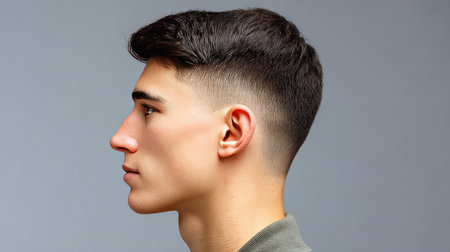 Profile view of a young man showcasing a fashionable haircut with a distinct fade, set against a minimalist gray background, perfect for style inspiration.の素材