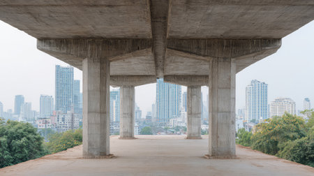 A striking view that showcases the vast concrete pillars beneath a structure, set against a backdrop of an expansive city skyline, highlighting urban development and architectural design.の素材