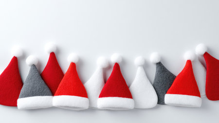 A vibrant collection of colorful Christmas hats arranged neatly on a plain background, perfect for conveying holiday spirit and festive cheer in any project.の素材