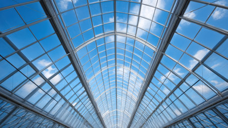 Captivating perspective of a contemporary glass structure, showcasing intricate lines and patterns against a backdrop of blue sky and clouds, evoking a sense of openness.の素材