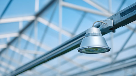 A sleek LED lighting fixture is suspended in a greenhouse, surrounded by a transparent roof structure. This image highlights modern agricultural technology and plant growth.の素材