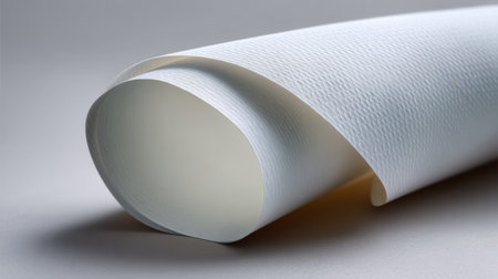 This image features a close-up view of a curling white paper roll against a light gray background, showcasing the textured surface ideal for various art and craft projects.の素材
