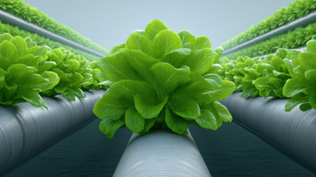 This image showcases a hydroponic lettuce plant thriving in a vertical farming system. The vibrant green leaves contrast against the modern pipes, emphasizing innovation in agriculture.の素材