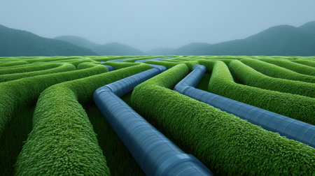 This captivating image showcases a unique fusion of vibrant green grass and flowing blue pipelines, creating a harmonious blend with the surrounding misty mountains.の素材