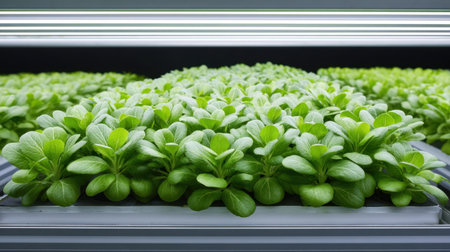 Lush green plants grow steadily in a hydroponic indoor farm, showcasing innovative farming practices under controlled artificial lighting, emphasizing sustainability and nutrition.の素材