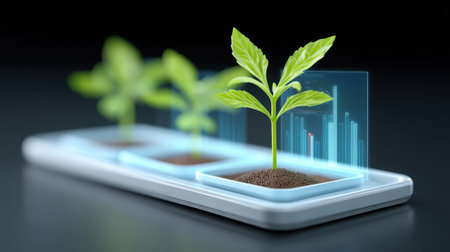 This image showcases the fusion of technology and nature, illustrating young plants growing in soil on a smartphone platform, symbolizing digital growth tracking.の素材