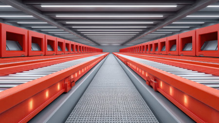 A sleek and modern warehouse environment featuring red racks and conveyor belts designed for optimal efficiency in material handling and logistics operations.の素材