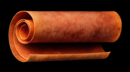 Detailed image of a rolled piece of soft tan leather, showcasing its smooth texture against a black background, ideal for fashion and crafting inspiration.の素材