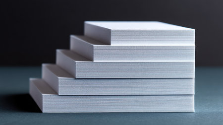 A visually appealing arrangement of stacked white paper sheets on a dark background, perfect for office environments, note-taking, and creative projects.の素材