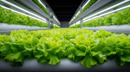 A breathtaking view of vibrant green lettuce thriving in a state-of-the-art hydroponic farm, showcasing rows of plants illuminated by bright lights, promoting sustainable farming practices.の素材