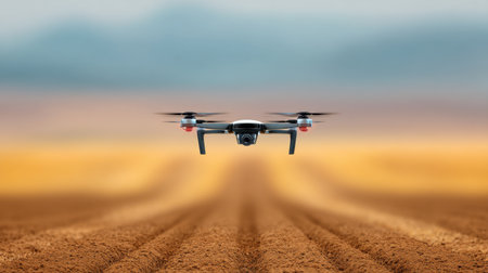 A drone hovers in mid-air above a freshly plowed agricultural field, capturing images of the vast landscape and distant mountains under a clear sky.の素材