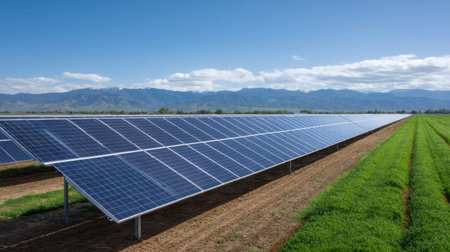 Rows of solar panels capture sunlight in an agricultural field, providing clean energy for sustainable farming amidst a scenic backdrop of mountains and blue sky.の素材