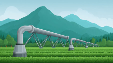 A serene agricultural scene featuring an advanced irrigation system coupled with vibrant greenery under a clear sky, emphasizing the harmony of farm technology and nature.の素材