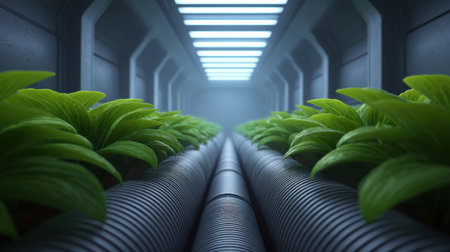 Explore a high-tech indoor garden showcasing lush green plants thriving in a hydroponic setup, illuminated by sleek modern lighting, emphasizing sustainability and innovation.の素材