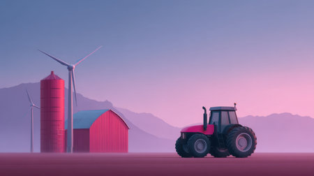 A serene agricultural scene at dawn features a bright pink tractor alongside a red barn and silo, with wind turbines spinning in the background, highlighting sustainability.の素材
