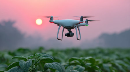A drone hovers above a vibrant crop field during sunset, representing the integration of advanced technology into agriculture for enhanced observation and management.の素材