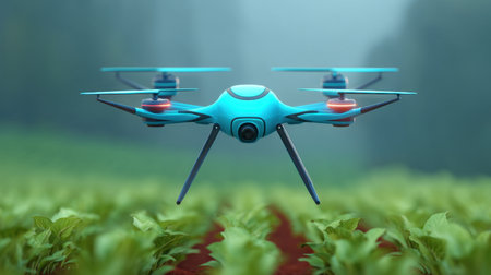 A vibrant agricultural drone hovers mid-air above lush green crop fields, showcasing the integration of modern technology in farming for enhanced productivity and sustainability.の素材