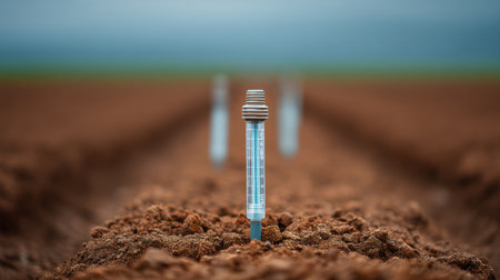 Detailed view of water measurement device in fertile brown soil illustrates modern agricultural practices for precision farming, showcasing technology in farming.の素材