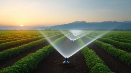 A serene agricultural scene featuring sprinklers watering vibrant green crops at sunrise, with majestic mountains in the background, showcasing nature and farming harmony.の素材