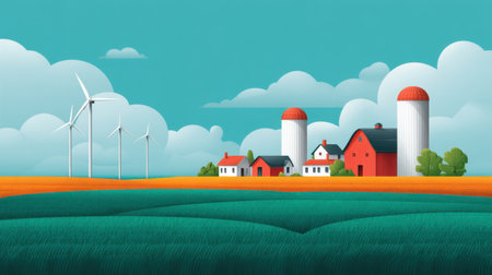 A colorful illustration featuring a peaceful farm scene with classic red barns, silos, and wind turbines, set against a clear blue sky and rolling fields.の素材