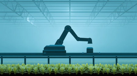 A robotic arm operates in a futuristic greenhouse, symbolizing the advancement of technology in agriculture and highlighting efficiency in crop production methods.の素材