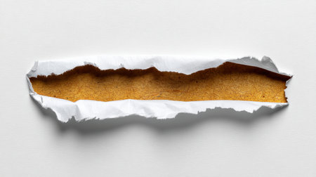 This image features a textured tear in white paper revealing a rich brown background, perfect for artistic projects, design concepts, or advertising materials.の素材