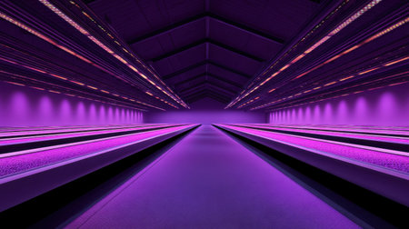 This image showcases a unique indoor space adorned with striking purple lights, emphasizing symmetry and modern design. The depth and tranquility invite creativity.の素材