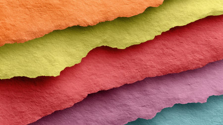 A vibrant assortment of torn paper layers in various colors offers an appealing backdrop for artistic projects, stationery designs, and creative presentations.の素材