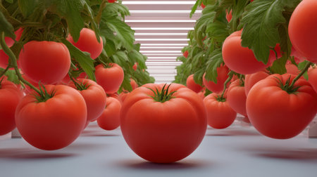 A captivating view of fresh red tomatoes hanging on green vines in a modern greenhouse, showcasing vibrant colors and healthy produce ideal for culinary uses.の素材
