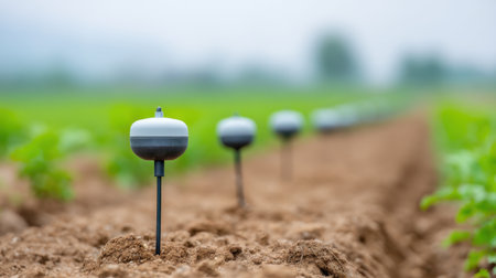 A close-up view of a modern irrigation system with watering devices installed in a field, showcasing advanced techniques for enhancing crop growth and water efficiency.の素材