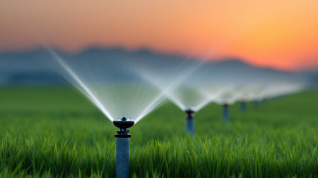A serene sunset casts a warm glow over a vibrant green field where irrigation sprinklers operate, illustrating essential agricultural practices for water management.の素材