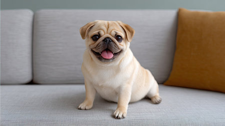A cheerful pug sits on a modern sofa, radiating happiness in a bright living room. The dog has a playful expression, perfect for pet lovers looking for joy.の素材