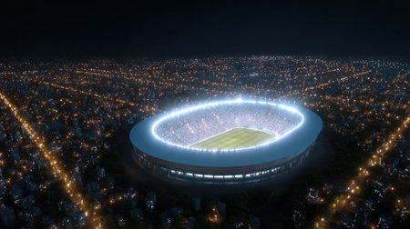 Stunning aerial view capturing a vibrant illuminated stadium at night, bustling with energy and surrounded by a lively cityscape filled with twinkling lights.の素材