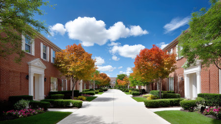 A picturesque residential community pathway showcases bright autumn trees and manicured lawns under a clear blue sky, inviting tranquility and serenity in nature.の素材