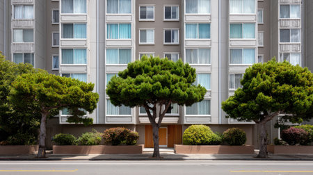 A contemporary apartment building showcasing vibrant foliage and neatly trimmed trees along the sidewalk. The scene captures urban life in a peaceful setting.の素材