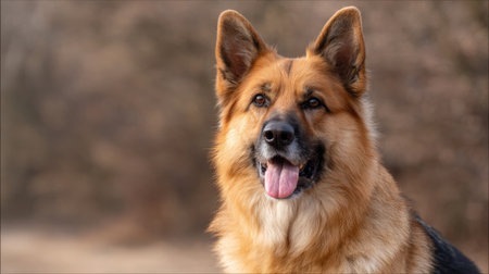 A stunning close-up of a German Shepherd dog showcasing its alert expression and fluffy coat against a serene outdoor backdrop, highlighting natural beauty and charm.の素材