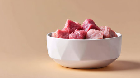 Fresh raw meat cubes arranged in a stylish white bowl against a soft neutral background, ideal for culinary and food preparation imagery, showcasing vibrant ingredients.の素材