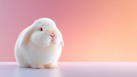 A charming white rabbit with fluffy fur sits gracefully against a soft gradient background, evoking feelings of warmth and tranquility in a delightful pet portrait.の素材