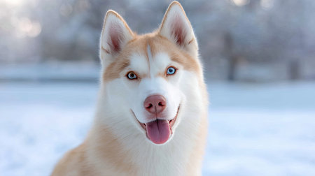 A charming Siberian Husky with captivating blue and brown eyes playfully poses in a snowy environment, radiating warmth and joy in the cold winter landscape.の素材
