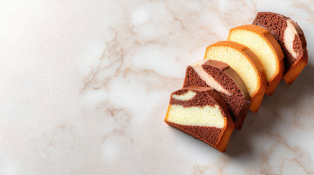 Delight in the elegance of this sliced marble cake, featuring perfect layers of chocolate and vanilla, presented on a chic marble surface ideal for showcasing.の素材