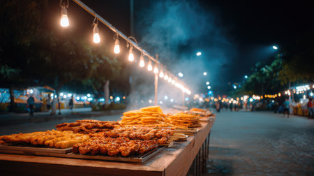 A captivating view of a night market food stall, showcasing an array of grilled meats and fried snacks. The warm lighting creates a lively atmosphere, perfect for food lovers.の素材