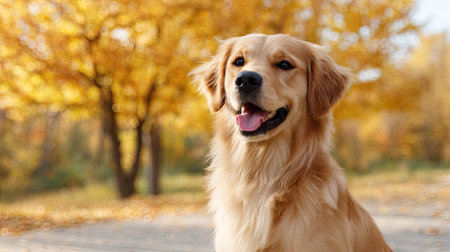 A joyful golden retriever rests in a picturesque autumn park filled with colorful leaves. This serene setting captures the essence of companionship and natural beauty.の素材