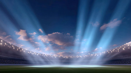 Captivating view of an empty stadium at twilight, featuring dramatic lighting and vibrant clouds casting shadows over the green field, perfect for sports themes.の素材