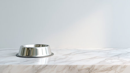 A sleek stainless steel pet bowl sits empty on a chic marble countertop, capturing a modern and elegant aesthetic perfect for any stylish home environment.の素材