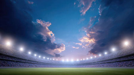 An expansive stadium features bright floodlights against a stunning dusk sky filled with dramatic clouds. The perfect setting for sports events and gatherings.の素材