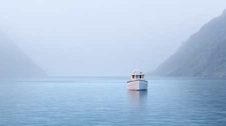 A small boat drifts peacefully on a calm body of water, enveloped by fog and surrounded by serene mountains, capturing a tranquil moment of nature's beauty.の素材